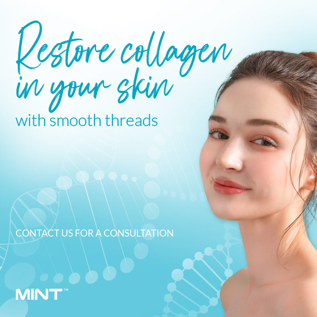 A woman with a beautiful smile and text that reads, restore collagen in your skin.